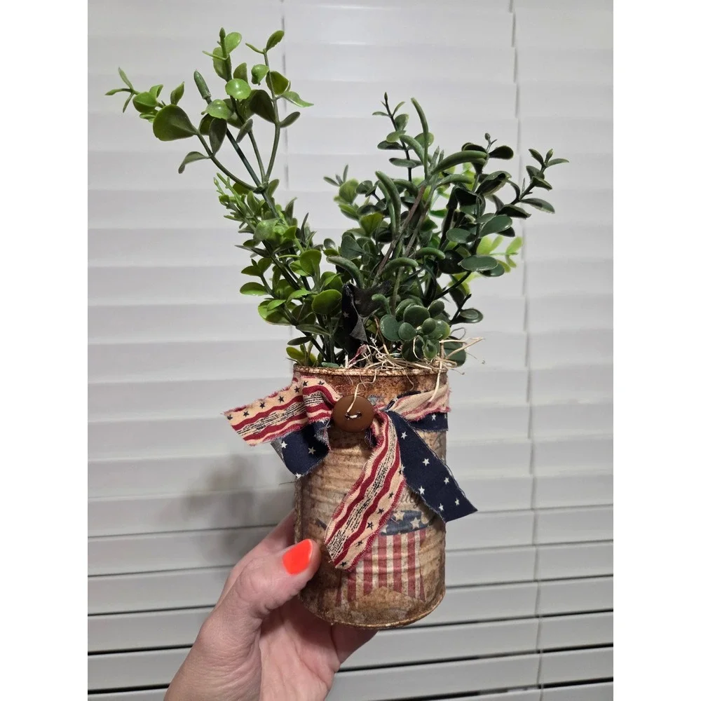 Rustic 4th of July Patriotic Decorative Tin with Faux Greenery Americana Decor